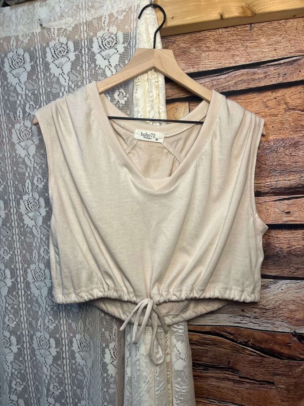 Boho72 Beige V-Neck Drawstring Cropped Tank (197) - Picture 2 of 10